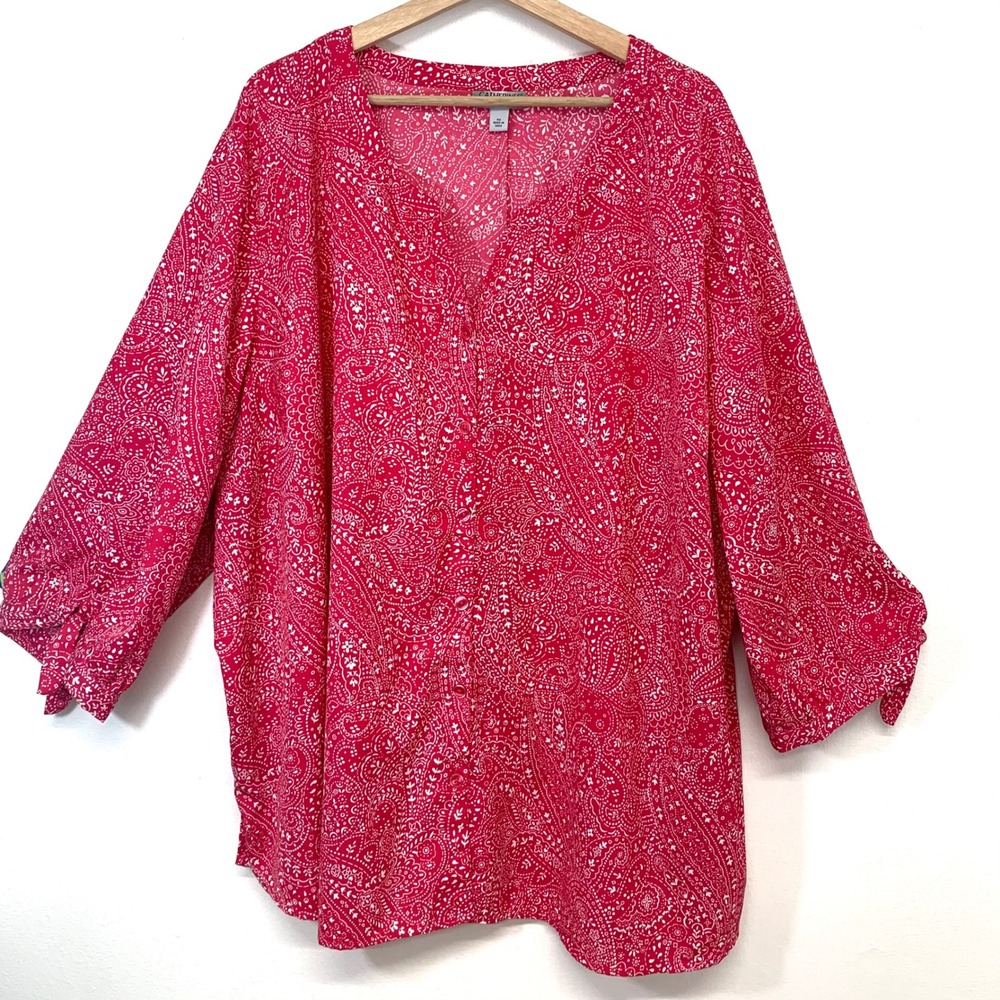 Catherines Pink Print Button Down Blouse Top 3/4  Tie Sleeve Sz 4X Casual Office